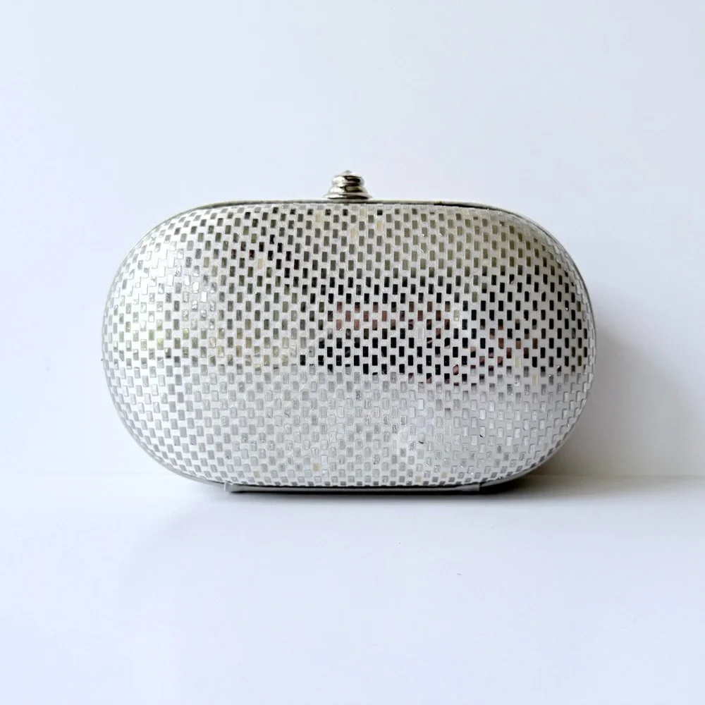 Vintage St. John Silver Satin Sequin Paillette Convertible Clutch Evening Bag